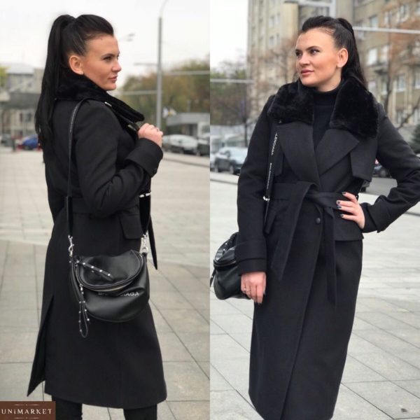 Купить женское зимнее кашемировое пальто черного цвета оптом