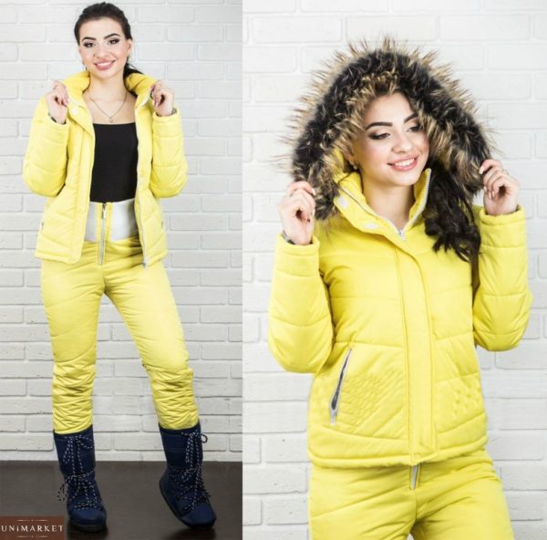 Купить желтый женский лыжный костюм с искусственным мехом