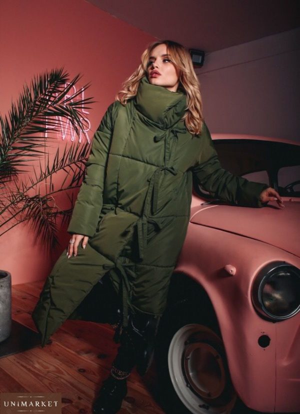 Женское Зеленое теплое пальто-пуховик из плащевки в интернете