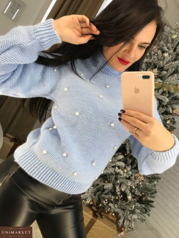 Женский теплый свитер голубого цвета купить в интернет магазине
