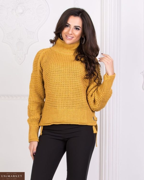 Купити жіночий гірчичний Турецький в'язаний светр з горлом дешево