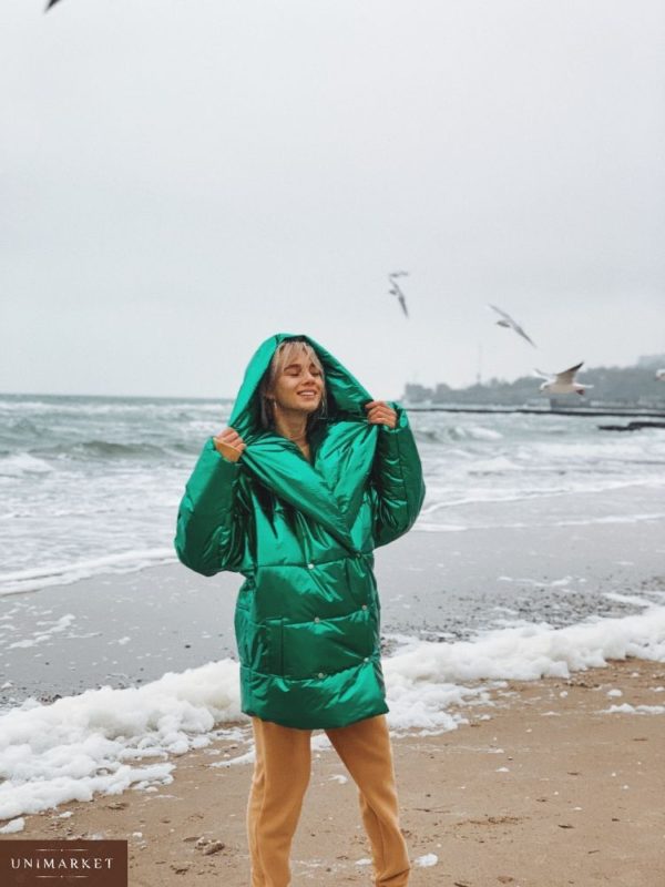 Купити теплу жіночу куртку на сінтіпухе зеленого кольору дешево
