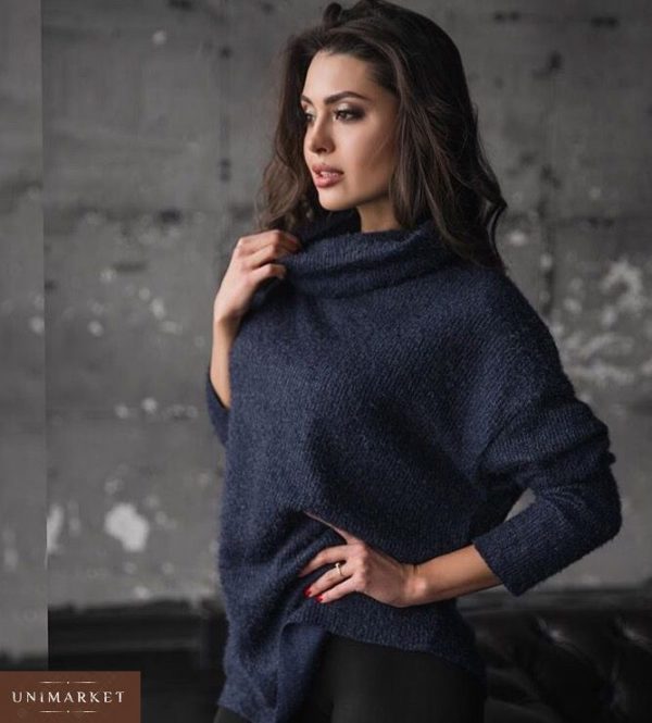 Купить женский свитер оверсайз из ангоры синего цвета дешево