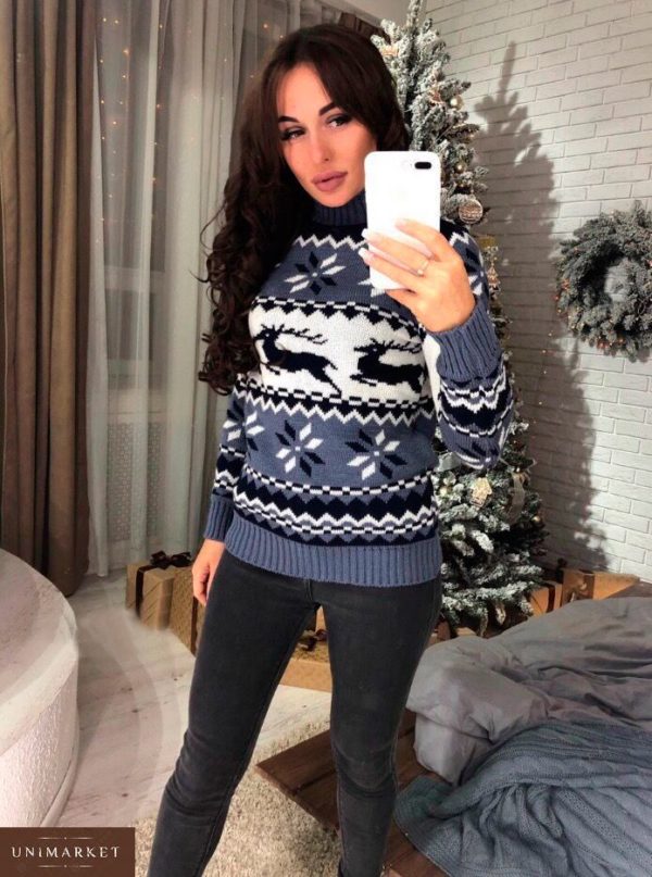 Придбати жіночий светр з оленями теплий сірого кольору недорого