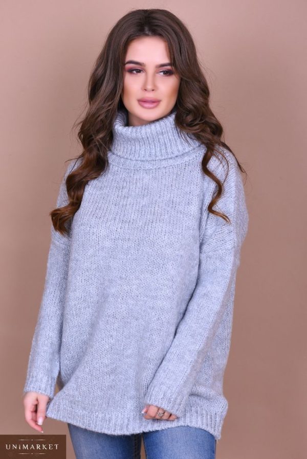 Купить свитер с большим воротником женский серого цвета больших размеров дешево