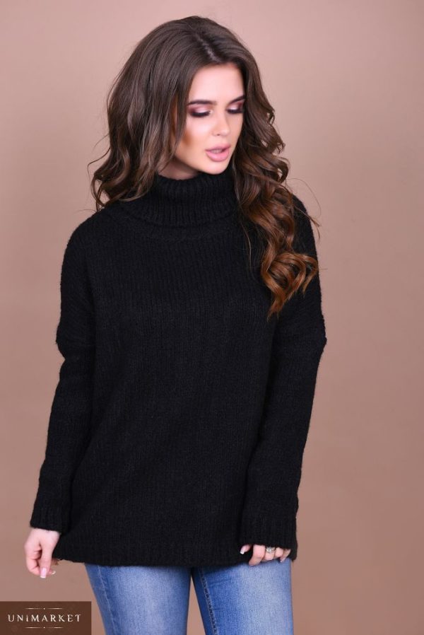 Купить женский свитер с большим воротником черного цвета большого размера недорого