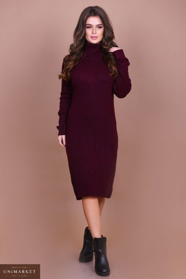 Купить в интернет-магазине бордовое женское платье миди с воротником