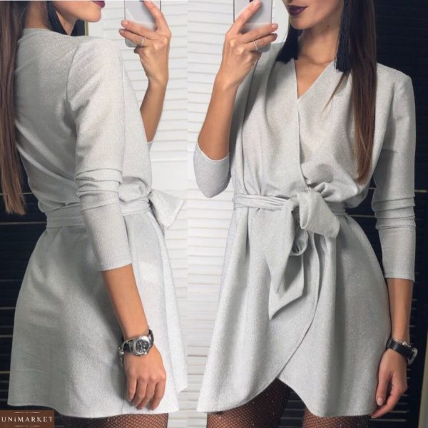 Замовити жіноче люрексове плаття з поясом в срібному кольорі