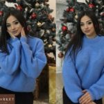 Голубой женский шерстяной свитер плотной вязки купить недорого