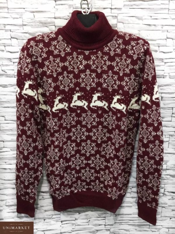 Замовити чоловічий светр з відворотом і оленями бордового кольору дешево