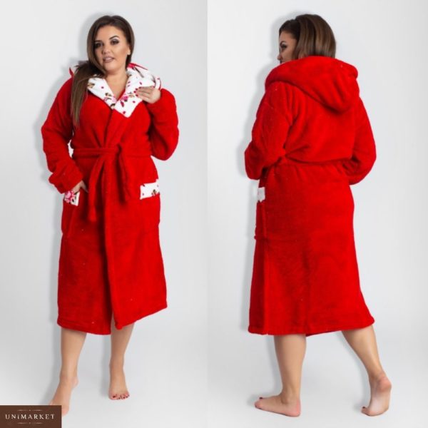 Придбати жіночий халат довгий з подвійним капюшоном великих розмірів червоного кольору недорого