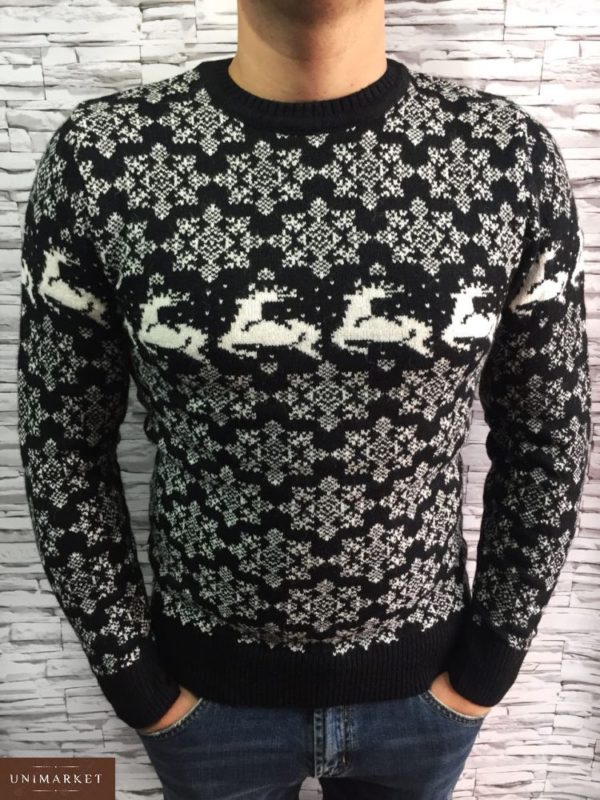 Купити чоловічий зимовий светр з оленями кругла горловина чорного кольору оптом Україна