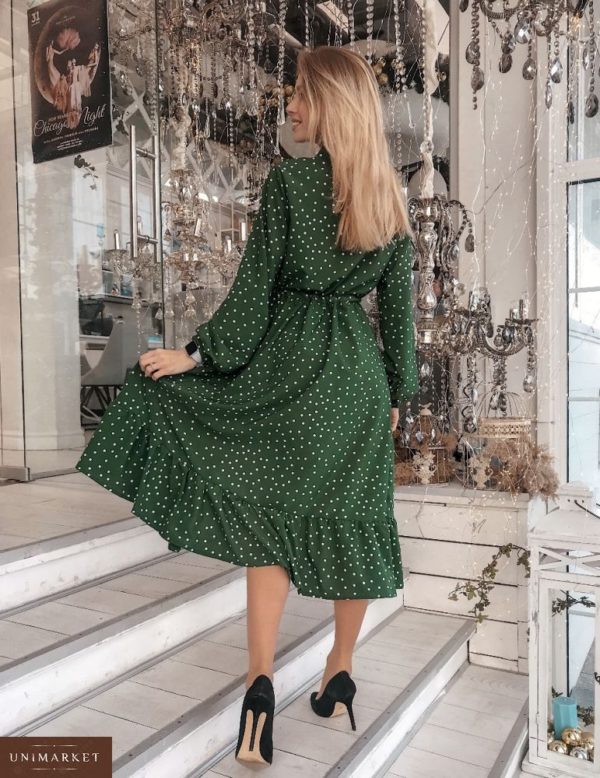 Придбати жіночу сукню в горошок з розрізом зеленого кольору недорого