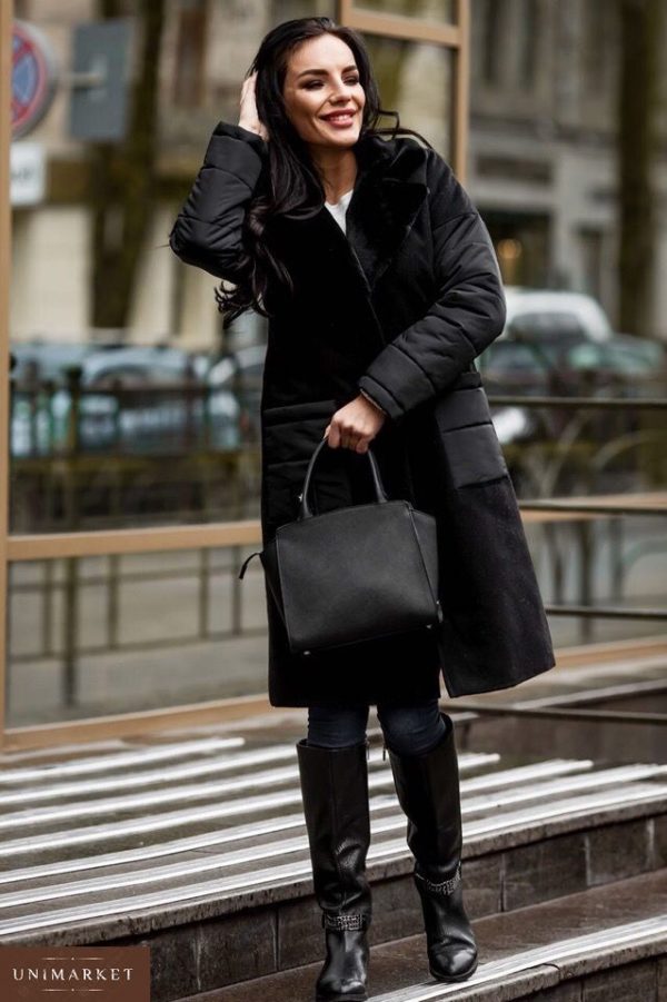 Заказать недорого женское черное пальто из кашемира с искусственным мехом кролика в подарок