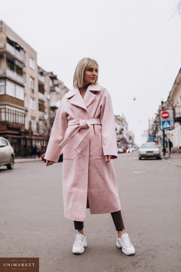 Заказать женское весеннее пальто с поясом из турецкого кашемира цвета пудры в подарок недорого