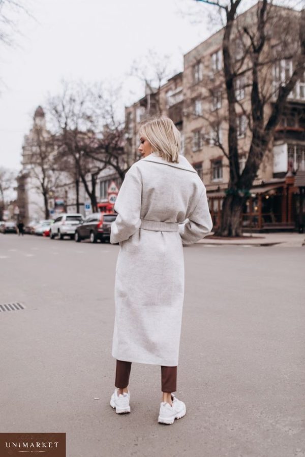 Купить недорого женское весеннее пальто из турецкого кашемира с поясом серого цвета