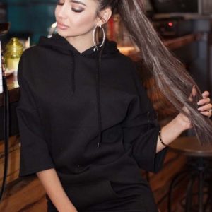Замовити жіноче чорне вільне плаття з капюшоном з турецької двухніткі великих розмірів в подарунок