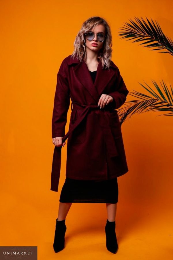 Заказать женское весеннее пальто на подкладке из турецкого кашемира с поясом бордового цвета недорого
