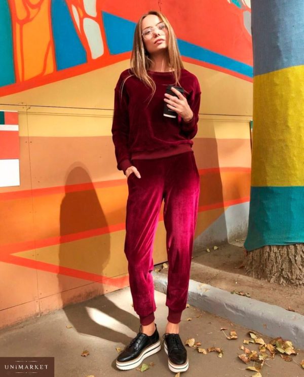 Купить женский бордовый прогулочный костюм из турецкого бархата спортивный оптом Украина