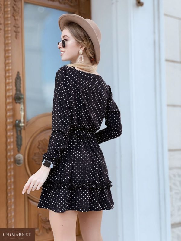 Купить дешево женское платье весеннее в горошек с поясом черного цвета оптом Украина