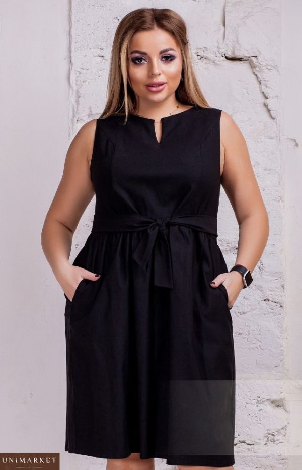 Купить женское платье с поясом из стрейч-джинса чёрного цвета