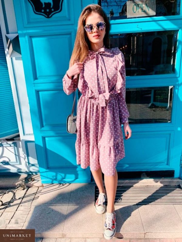 Приобрести дешево женское платье в горошек из супер-софта с поясом розового цвета оптом Украина