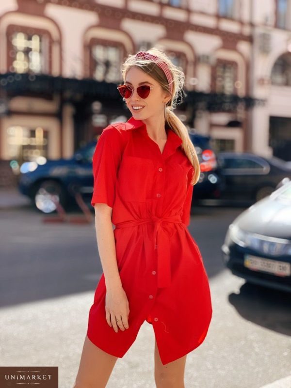Заказать женское красное платье - рубашка из поликоттона большого размера с поясом на талии недорого