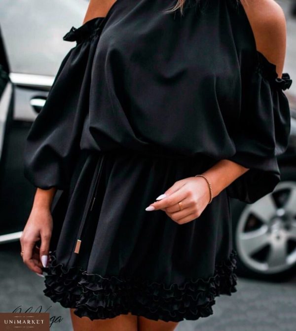 Придбати дешево жіночу сукню з відкритими плечима і міні рюшами чорного кольору оптом Україна