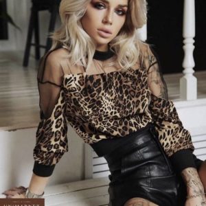 Придбати дешево блузку жіночу з шифону з сіткою леопардового кольору оптом Україна