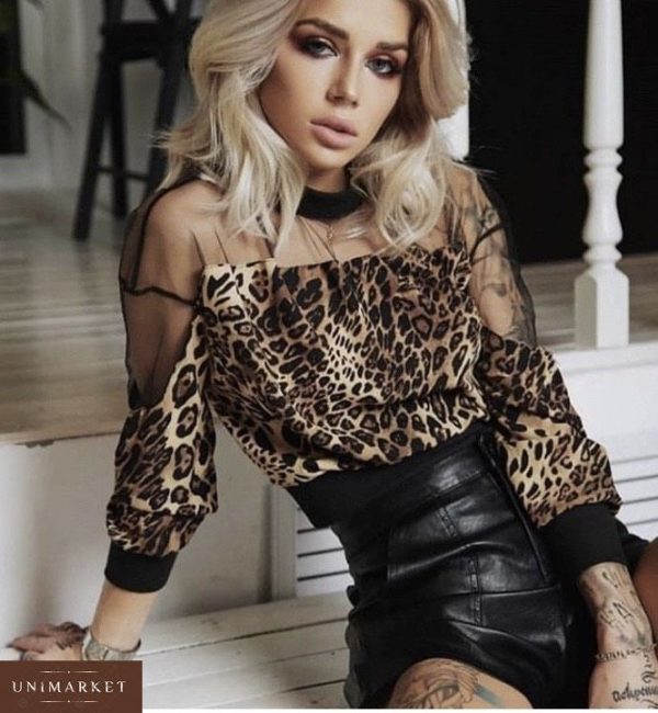 Придбати дешево блузку жіночу з шифону з сіткою леопардового кольору оптом Україна