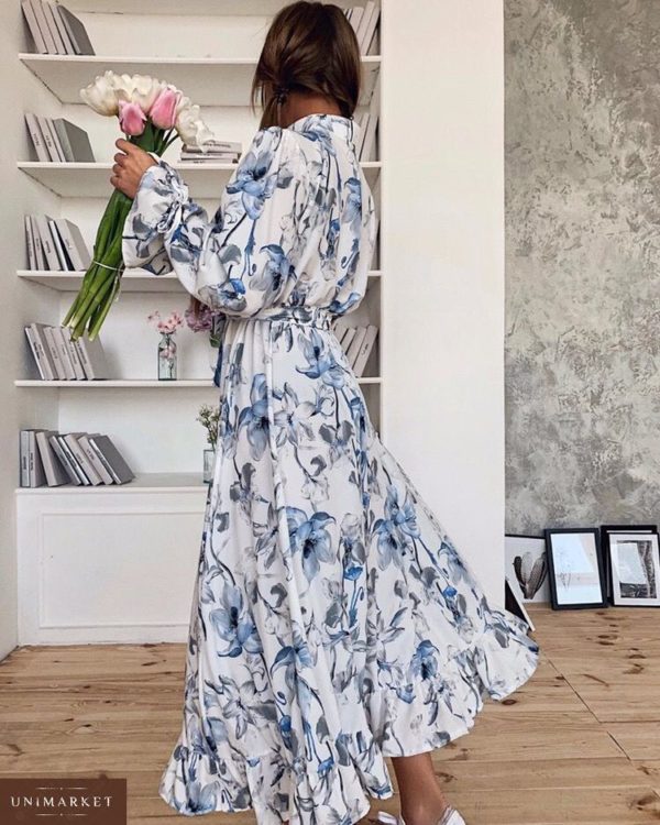 Придбати дешево жіноче довге плаття квіткове з поясом кольору блакитних квітів оптом Україна