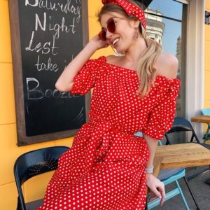 Приобрести дешево миди женское платье из коттона в горох цвета красного оптом Украина