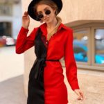 Купить в интернет-магазине женское платье - из креп-костюмки рубашку с поясом красного цвета недорого