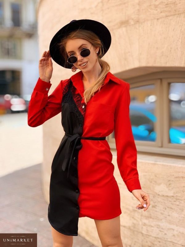 Купити в інтернет-магазині жіночу сукню - з креп-костюмкі сорочку з поясом червоного кольору недорого
