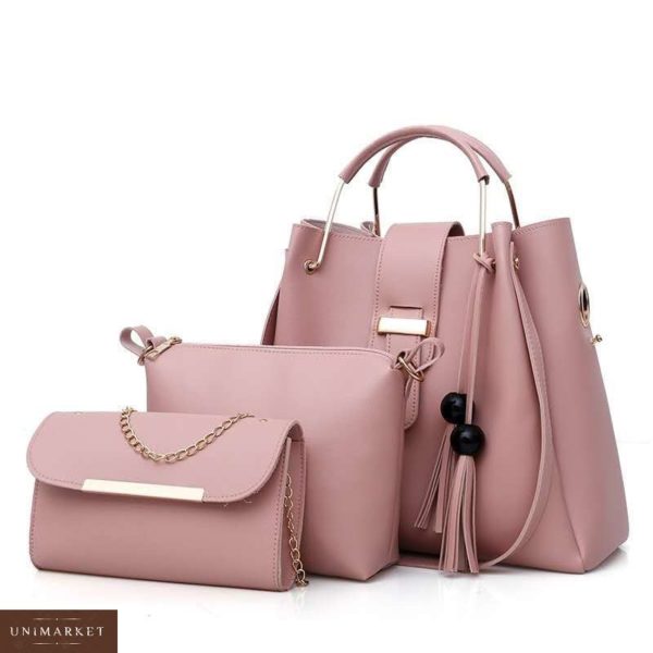 Купить в интернет-магазине женскую сумку 3 в 1 розового цвета из эко кожи недорого