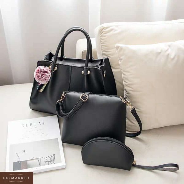 Купити дешево жіночу сумку + сумка клатч 3 в 1 чорного кольору недорого