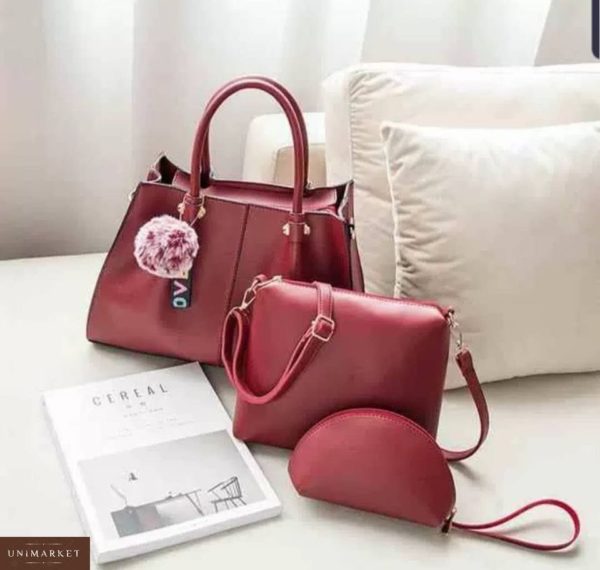 Приобрести в подарок сумку женскую + клатч сумка 3 в 1 бордового цвета оптом Украина