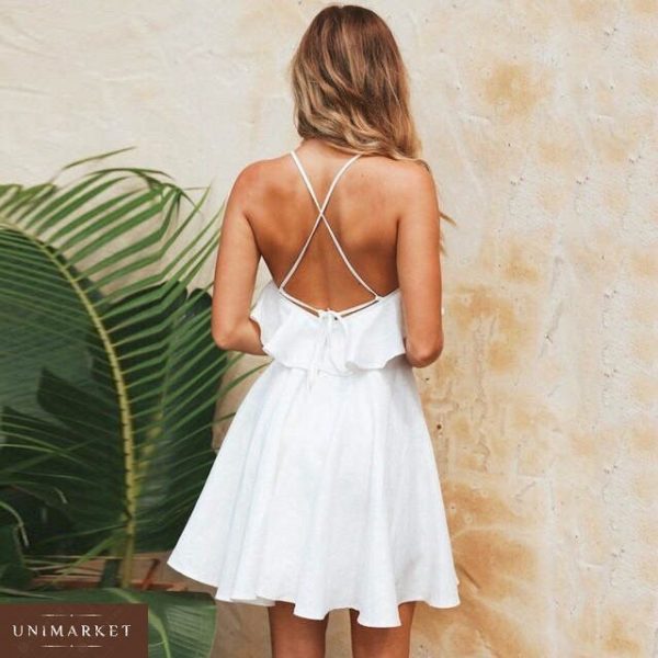 Придбати дешево жіночу сукню з софта на лямках білого кольору оптом Україна