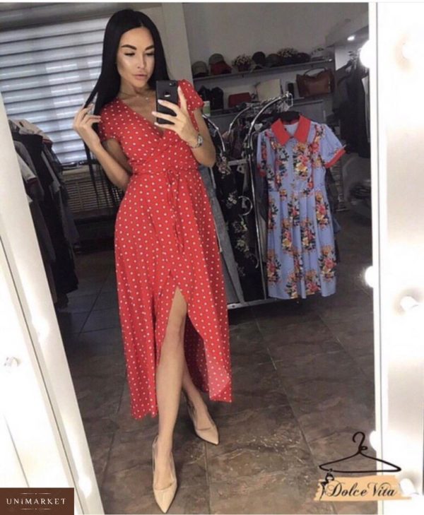 Приобрести в интернет-магазине женское платье длинное на запах в горошек красного цвета дешево