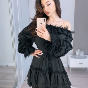 Придбати в подарунок жіночу сукню - з шовку армані туніка декоровано французьким мереживом чорного кольору оптом Україна