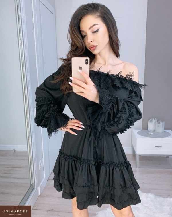 Придбати в подарунок жіночу сукню - з шовку армані туніка декоровано французьким мереживом чорного кольору оптом Україна