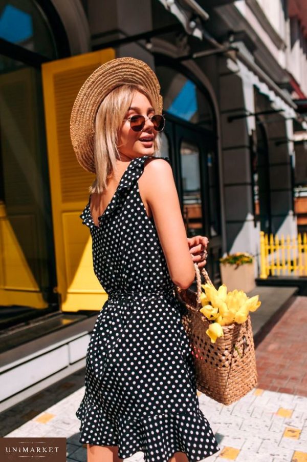 Приобрести в подарок женское платье летнее в горошек из софта цвета черного оптом Украина