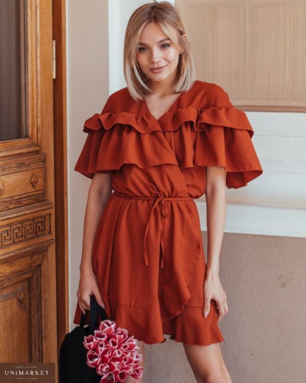 Придбати в інтернет-магазині жіночу сукню з воланом з креп шифону оранжевого кольору дешево