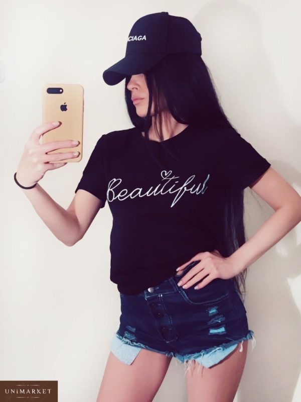 Приобрести в интернет-магазине футболку женскую с надписью Beautiful цвета черного дешево