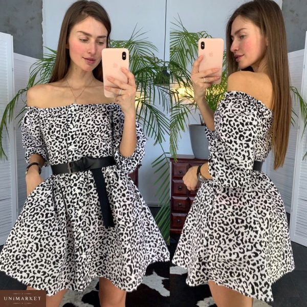 Купить в интернет-магазине женское платье с принтом леопарда из стрейч коттона с открытыми плечами и поясом дешево