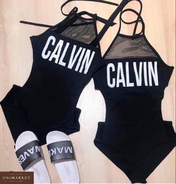 Замовити недорого жіночий чорний злитий купальник з написом Кельвін Calvin Klein з матового біфлекс з чашками в подарунок