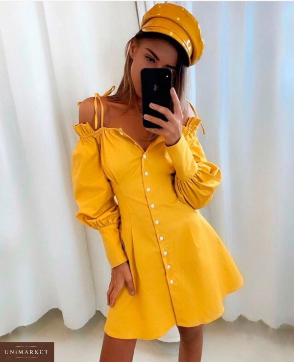 Придбати в інтернет-магазині жіночу сукню зі спущеними плечима з костюмної тканини і об'ємним рукавами жовтого кольору дешево