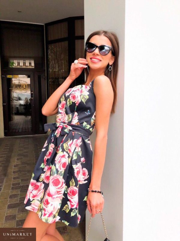 Приобрести в интернет-магазине женское летнее платье с розами из коттон - атласа черного цвета дешево