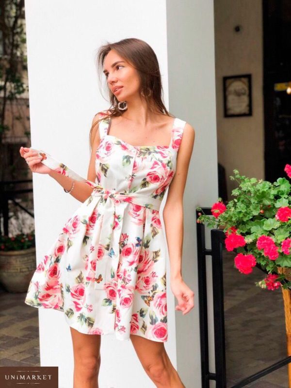 Замовити дешево жіноче літнє плаття з котон - атласу з трояндами білого кольору недорого