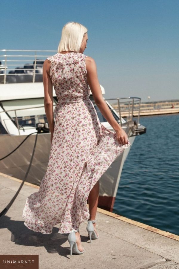 Придбати дешево жіноче плаття довге з поясом з шифону оптом Україна